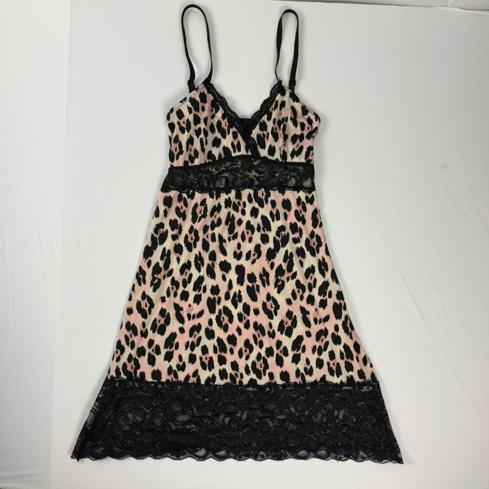 Marilyn Monroe Y2K Pink Leopard Print Lace Trim Satin Slip Dress